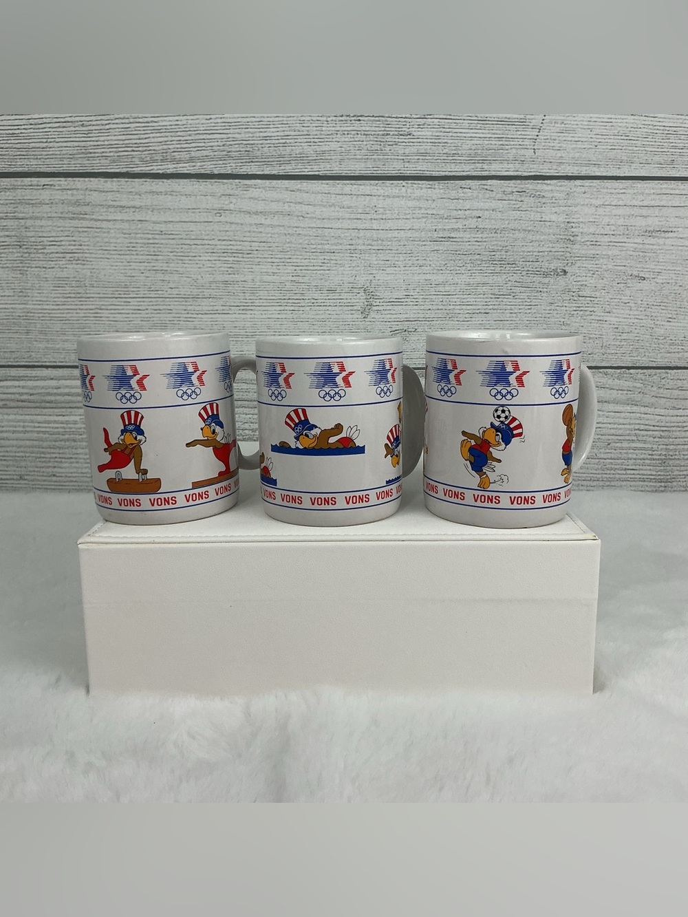 Vons Vintage 1984 Olympic Mascot Coffee Mugs - Set of 3 - Red, White & Blue